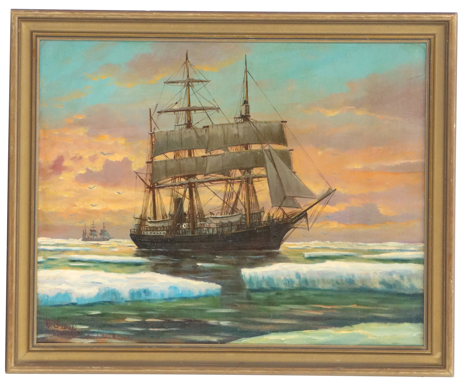 Alfred Gabali (1886-1963) Portrait of the Whaling Steam Sail Ship "Bowhead" in Ice: Alfred Gabali (1886-1963) Portrait of the Whaling Steam Sail Ship "Bowhead" in Ice. Depicts the bowhead trapped in ice for 30 months near the North Pole before being saved by "super hum