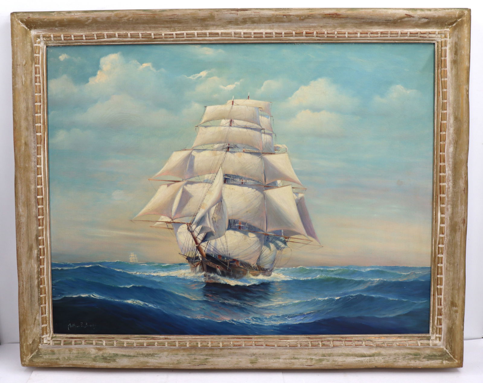 Arthur Brady (Late 19th/Early 20th) Oil on Canvas Nautical Painting of a Clipper Ship:  Overall Size: 31 x 39 1/2 in.Sight Size: 25 1/2 x 33 1/2 in.