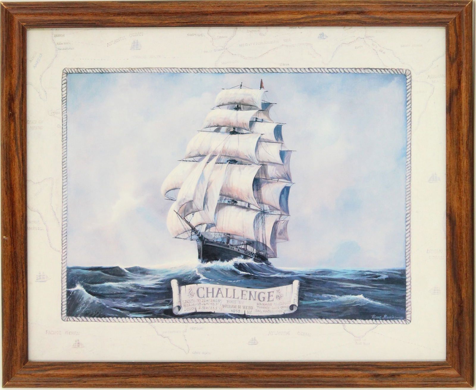 Ruane Manning (Born 1938) American, Maritime Lithograph: Ruane Manning (Born 1938) American, Maritime Lithograph. Depicts the clipper ship Challenge at full sail, with a banner painted at the bottom that gives information about the vessel and its history. T