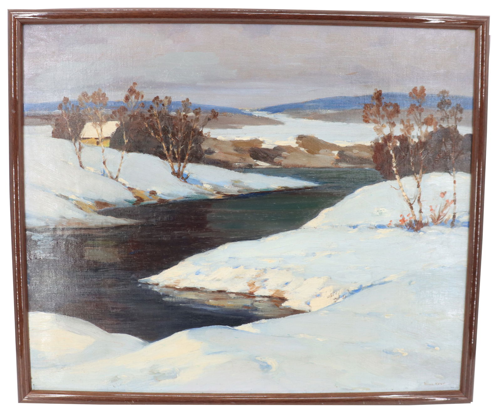 William Kent (20th Century) American, Impressionist Winter Signed Oil on Canvas Landscape: William Kent (20th Century) American, Impressionist Winter Signed Oil on Canvas Landscape. Signed lower right. Inscribed on stretcher. Overall Size: 21 1/2 x 25 1/2 in. Sight Si