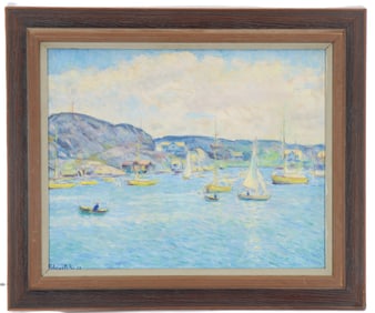 Charles Polowetski (1884-1955) Russian/American, 1950 Signed Oil on Masonite Painting "Sailboats in