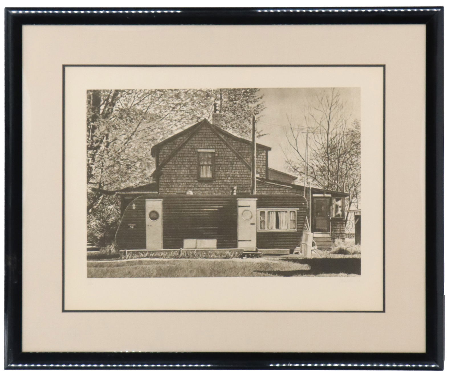 John Baeder (Born 1938) American, Limited Edition Etching Print "Untitled (House With Trailer)": John Baeder (b. 1938) American, Limited Edition Etching Print "Untitled (House With Trailer)". Photorealistic etching of a house with attached trailer. Title and attribution verso. Numbered