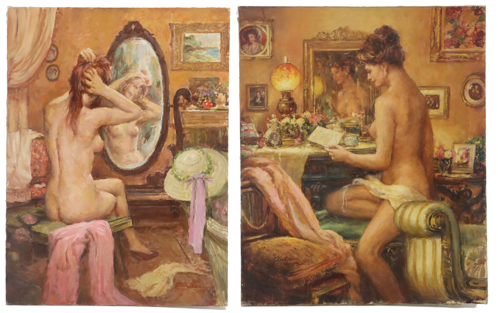(2) Victor Olson (1924 - 2007) American, Oil on Canvas Nude Seated Portrait: (2) Victor Olson (1924 - 2007) American, Oil on Canvas Nude Seated Portrait. Both woman are sitting at their desk / vanity area. The painting is completed with the details including furniture, paintin
