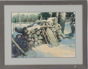 Victor Olson (1924-2007) American, Watercolor Rustic Winter Landscape