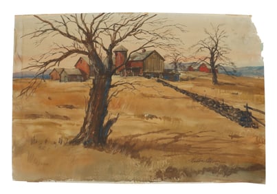 Victor Olson (1927-2007) American Rural Farm Watercolor Landscape