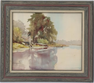 Victor Olson (1924-2007) American, Watercolor Harbor Landscape