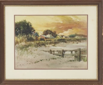 Victor Olson (1924-2007) American, Watercolor Beach Scene "Break Water"