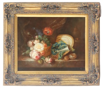 Antique Continental Oil on Canvas Floral Still Life