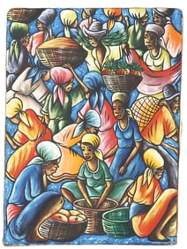 P. Daniel (20th Century) Haiti, Oil on Canvas Folk Art, Women at Market