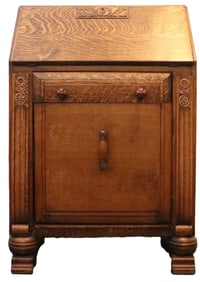 Oak Drop Down Slant Front Desk, Secretary, With Storage Cabinets and Key