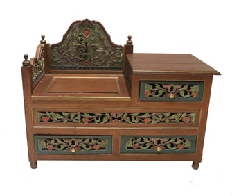 Ornate Carved Teak Storage Bench