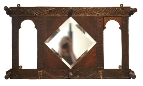 Carved Wooden Wall Hanging Coat Rack with Beveled Diamond Shaped Mirror