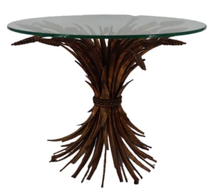 French Maison Jansen Bundle of Wheat Shaped Gilt Metal and Glass Top Side Table