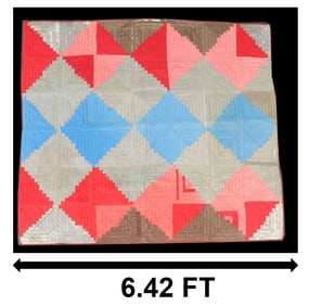 Vintage Patriotic Red White and Blue Patchwork Log Cabin Quilt