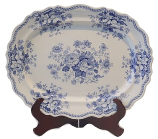 English Blue and White Platter Titled Emerald Flowers
