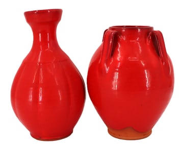Ben Owen III (Born 1968) American, (2) Signed Red Chinese-Style Art Pottery Vases