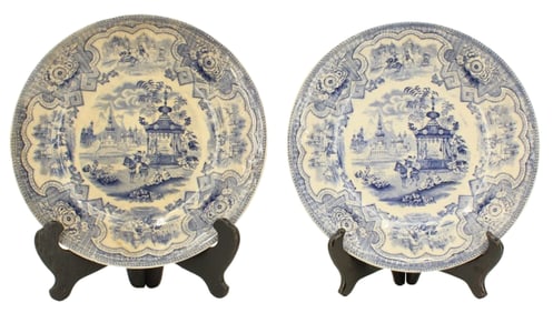 Pair of William Adams and Sons Blue and White Damascus Pattern Earthenware Plates