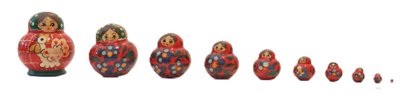 10 Piece Incredibly Small Russian Red Nooir Matryoshka Nesting Doll Set: 10 Piece Incredibly Small Russian Red Nooir Matryoshka Nesting Doll Set. The largest female figure has a chicken painted on the front, with the successive smaller ones sharing a similar floral design.
