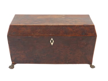 19th Century British Burled Mahogany and Brass Tea Caddy