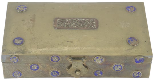Antique Asian Brass With Enamel Plaque Jewelry Box With Wood Lining