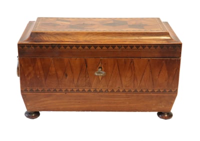Beautifully Inlaid Antique English Tea Caddy With Inserts / Key