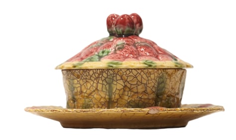 French Sarreguemines Majolica Covered Dish with Strawberries