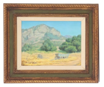 Camille Dumond (1900-1986) American, California Impressionist Landscape Painting with Blue Wagon