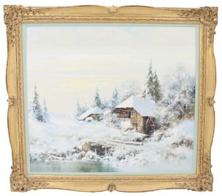Willi Bauer (Born 1923) 20th Century German Signed Oil on Canvas Painting Titled "Winter Landscape"