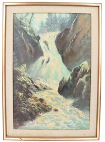 Ernst Greyer (1907-1983) Austrian Oil on Canvas Painting of Cascading Alpine Mountain Waterfall