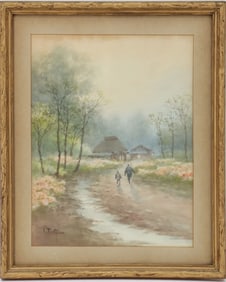 S. Tosuke 20th Century Japanese Original Signed Watercolor Landscape with People Walking Along a