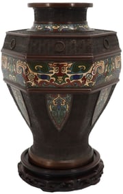 Japanese Hexagon Shaped Bronze Champleve Vase With Stand