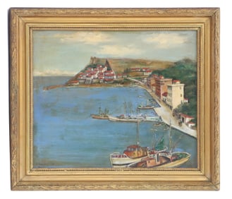 R. England 20th Century 1960's Oil on Board Harbor Scene of Boats Along the Quay