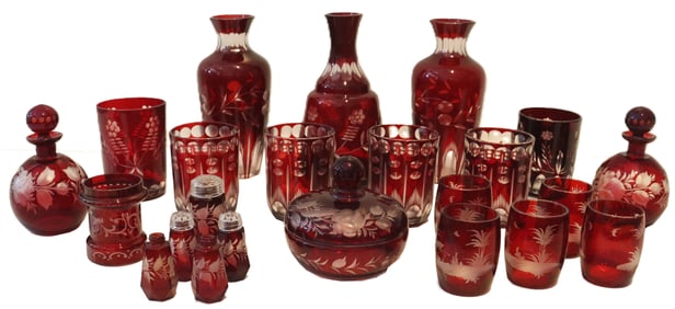 (23) Ruby Cut to Clear Crystal Glassware Pieces