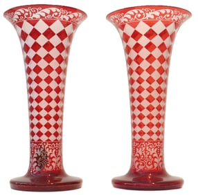 Pair of 19th Century Cut to Clear Bohemian Art Glass Vases - As Is