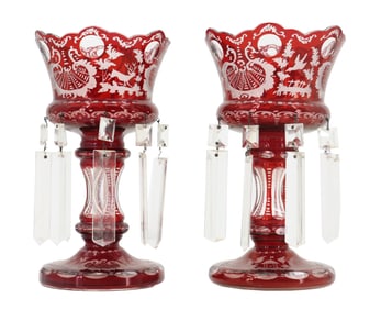 Pair of Bohemian Ruby Cut to Clear Crystal Pendant Mantel Lusters