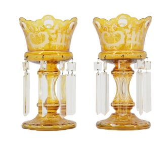 Pair of Bohemian Yellow Cut to Clear Crystal Pendant Mantel Lusters