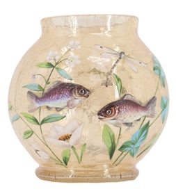 Antique Fish and Flower Art Glass Vase