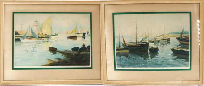 Paul Emille Lecomte (1877-1950) French/American, Pair of Color Etchings, Harbor Scenes