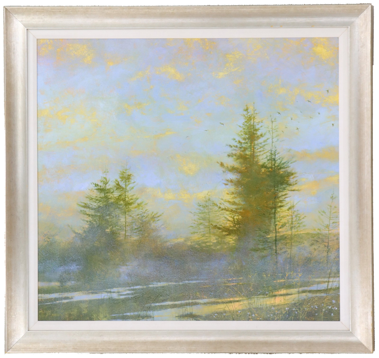 Fritz Mayhew (20th/21st Century) American, Oil on Canvas Landscape: Fritz Mayhew (20th/21st Century) American, Oil on Canvas Landscape. Oil on canvas landscape painting of a marsh on a misty morning. Signed lower left. Framed. Overall Size: 44 x 41 1/2 in. 
