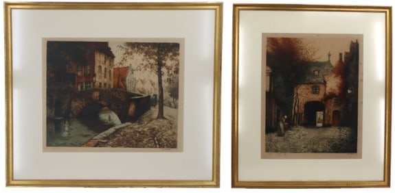 Alfred Van Neste (1874-1969) Belgian, Pair of Antique Signed Lithographs