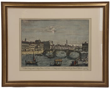 Giuseppe Zocchi (Circa 1711-1767) Italian, Color Engraving of The Arno River and the Ponte Santa