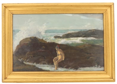 Style of Warren Davis (1865-1928) American, Oil on Masonite Nude Painting of a Nymph seated on a