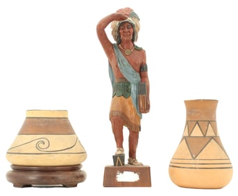 (2) Owens Pottery Native American Themed Vases and a Carved Wooden Figure