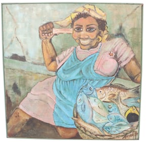 Large Vintage Oil on Canvas Painting of a Jamaican Fish Seller