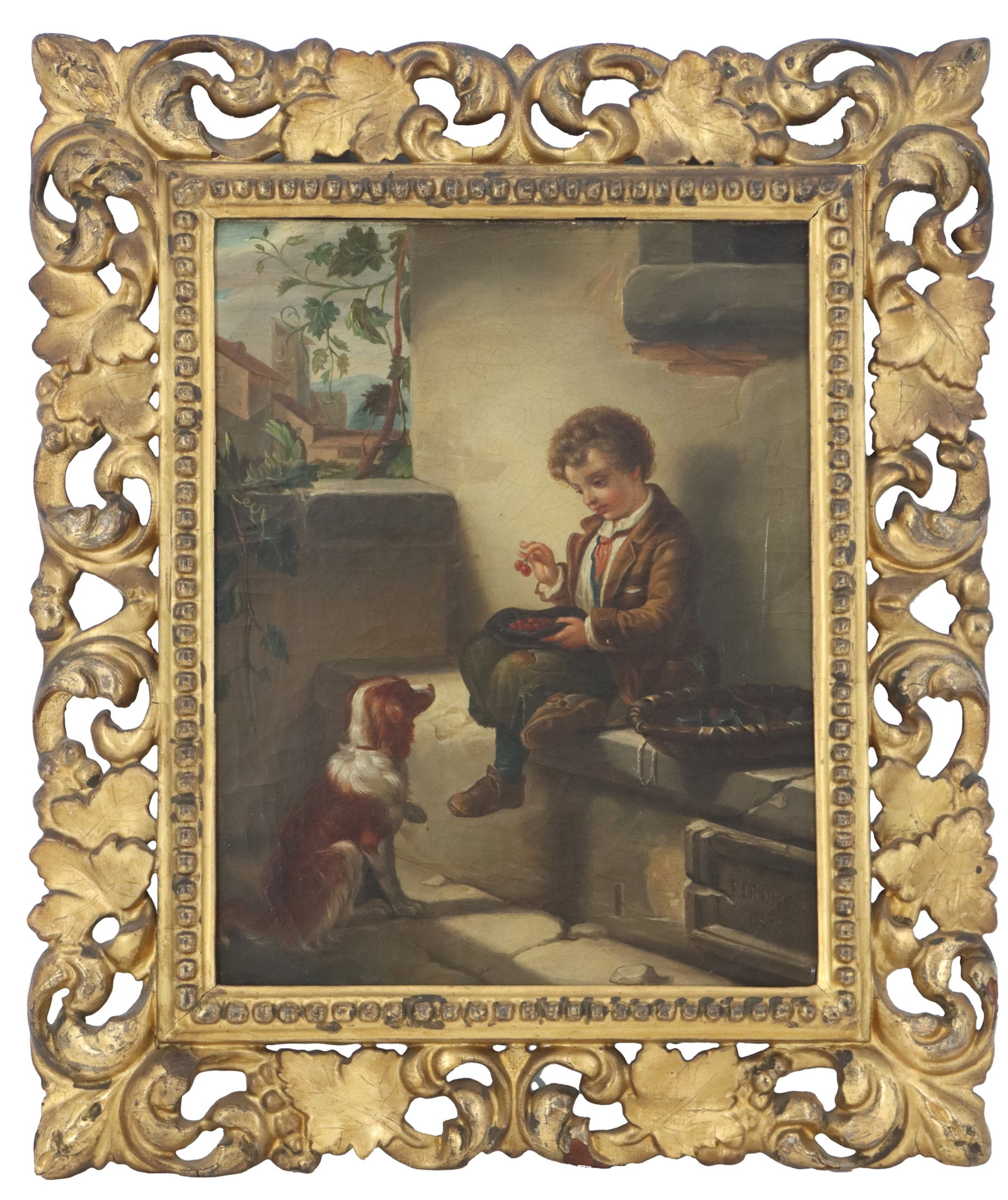 Late 19th Century Italian Oil on Canvas "Boy with Cherries And Dog": Italian Late 19th Century Oil on Canvas "Boy with Cherries And Dog". Antique oil on canvas illustration of a young boy taunting a dog with cherries. Unsigned. Framed. Nineteenth-century Ital