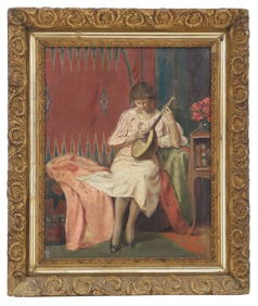 Signed Oil on Canvas Figural Portrait of a Woman with Mandolin