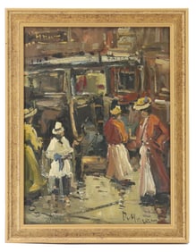 Dirk van Hoven (Born 1915) Dutch, Modernist Signed Oil on Board Painting of Elegant Women in a City
