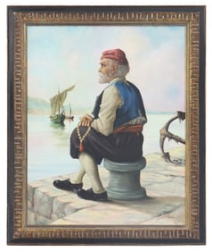 Signed Greek Oil on Canvas Figural Portrait of a Man in Prayer