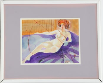 Eishin Yoza (Born 1951) Japanese, "Nude with Red Hair" Signed Original Watercolor
