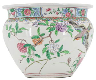 Chinese Famille Rose Porcelain Jardiniere with Birds and Floral Decoration